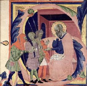 Historiated initial 'S' depicting Job receiving messengers with bad news (vellum)