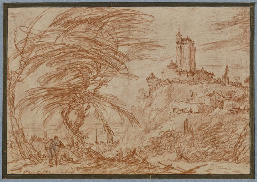 Landschaft, rechts auf einem Hügel ein großer Turm, links eine Baumpartie und einige Figuren de Jacques Callot
