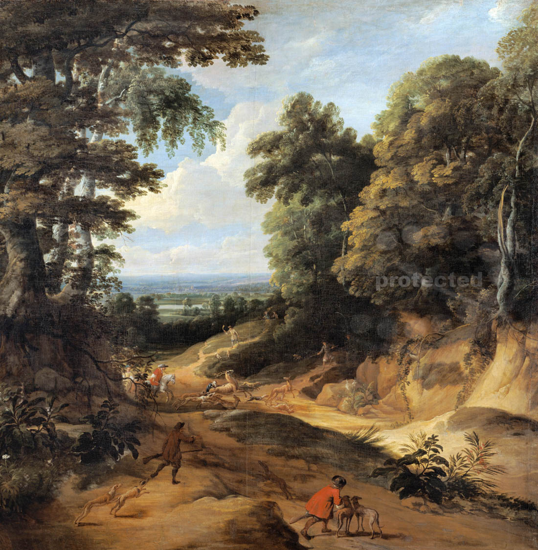 Paisaje con árboles altos (el camino del bosque (imagen original con las rayas en el medio) de Jacques d'Arthois