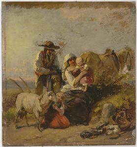 Bauernfamilie mit Pferd und Ziege auf dem Feld