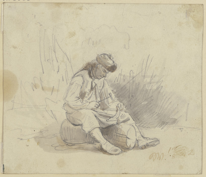 Ein Bauer sitzt auf einem Stück Holz und dengelt seine Sense de Jakob Furchtegott Dielmann