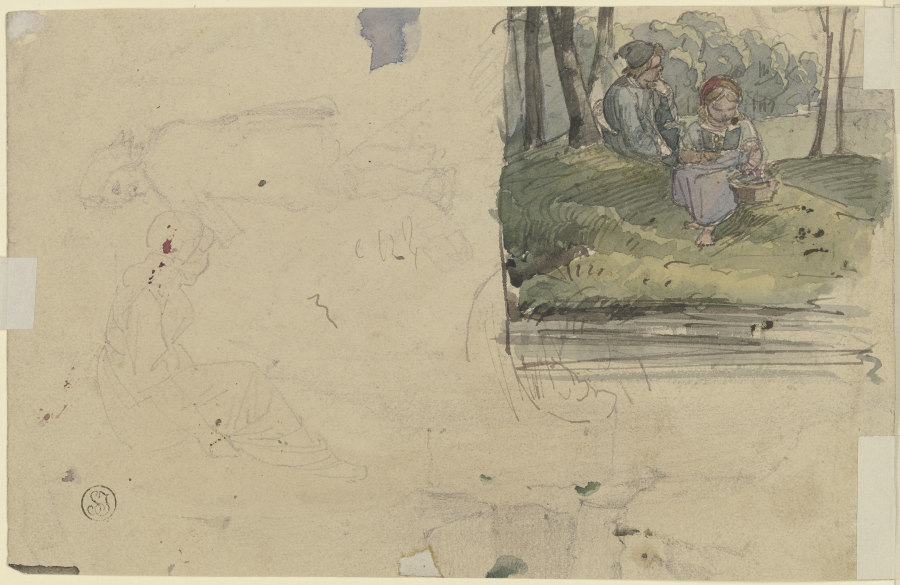 Studienblatt: Figuren und ein Mädchen mit einem Jungen im Wald sitzend de Jakob Furchtegott Dielmann