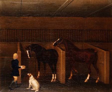 A groom, horses and a dog in a stable de James Seymour
