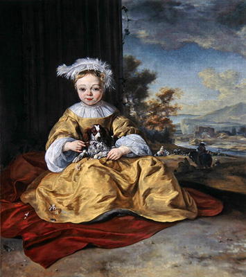 A Child in a yellow dress holding a dog (oil on canvas) de Jan Baptist Weenix