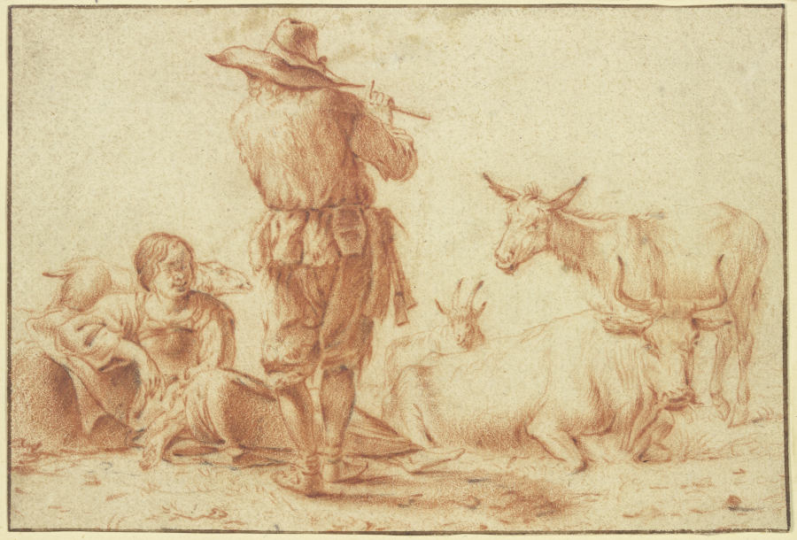 Ein Hirte in Rückenansicht bläst die Flöte, eine Hirtin sitzt dabei mit einigem Vieh de Jan Frans Soolmaker