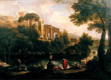 Landscape with figures by a pool with ruins in the background de Jan Frans van Bloemen