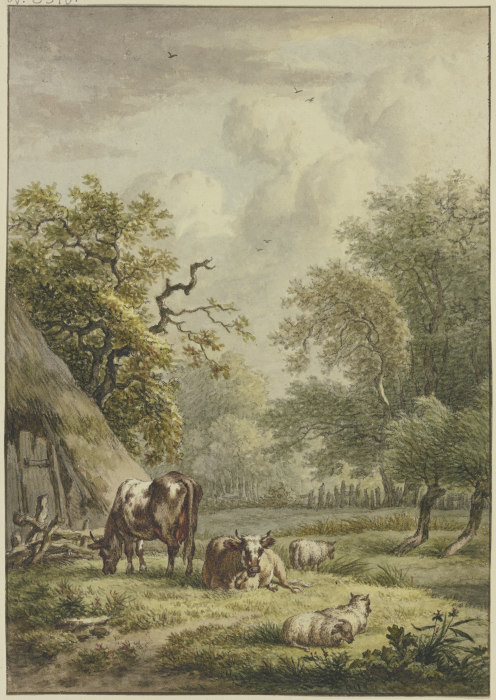Bei einer Hütte weiden zwei Kühe und drei Schafe de Jan Hulswit