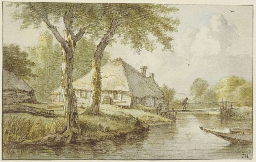 Bei zwei Bäumen ein Haus am Wasser, ein Steg, rechts die Spitze eines Kahnes de Jan Hulswit