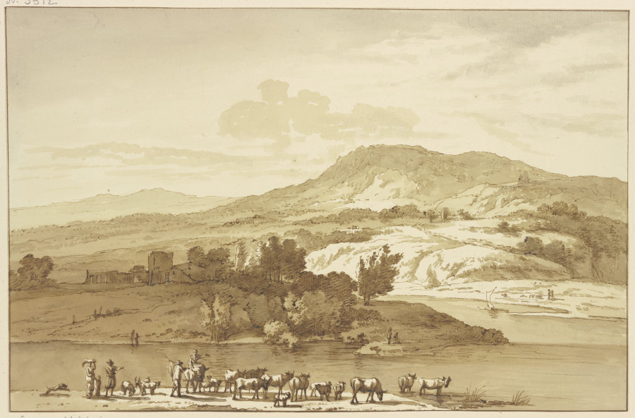 Fluß mit Herde, im Hintergrund Berge de Jan Hulswit