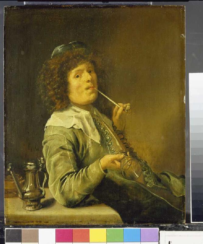 Rauchender Mann mit leerem Weinglas. de Jan Miense Molenaer