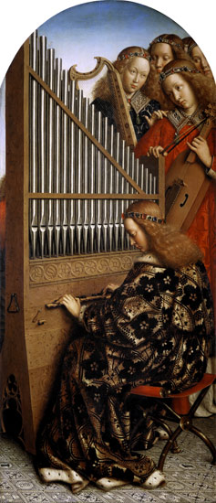 Angel tocando instrumentos - Jan van Eyck en reproducción impresa o copia  al óleo sobre lienzo.