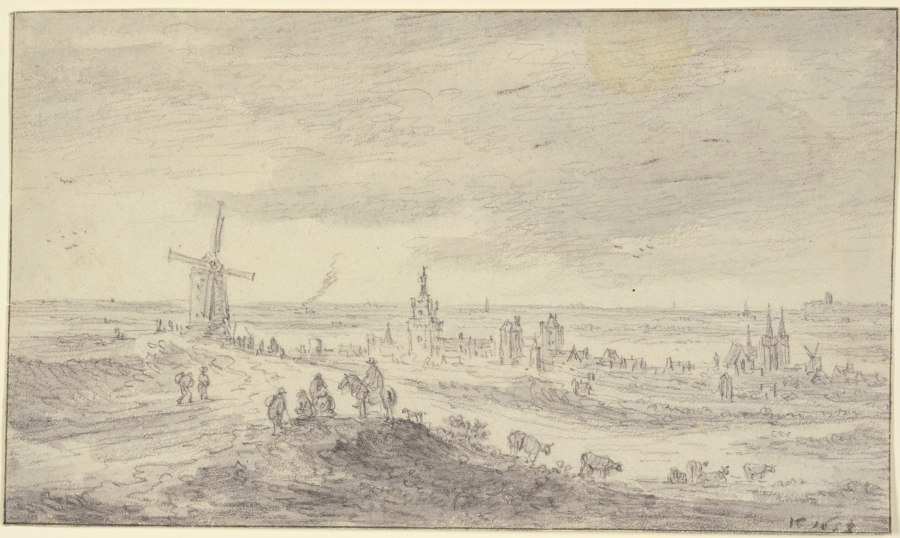 Eine befestigte Stadt mit vielen Häusern, vorn links eine Windmühle, dabei viele Figuren, vorn ein R de Jan van Goyen