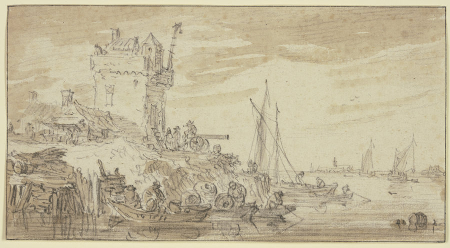 Links an einem Fluss ein befestigter Turm, dabei eine Kanone auf welcher ein Mann sitzt de Jan van Goyen