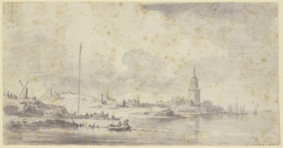 Links an einem Fluss eine Stadt mit Kirche und Festungsmauer, weiter links zwei Windmühlen de Jan van Goyen