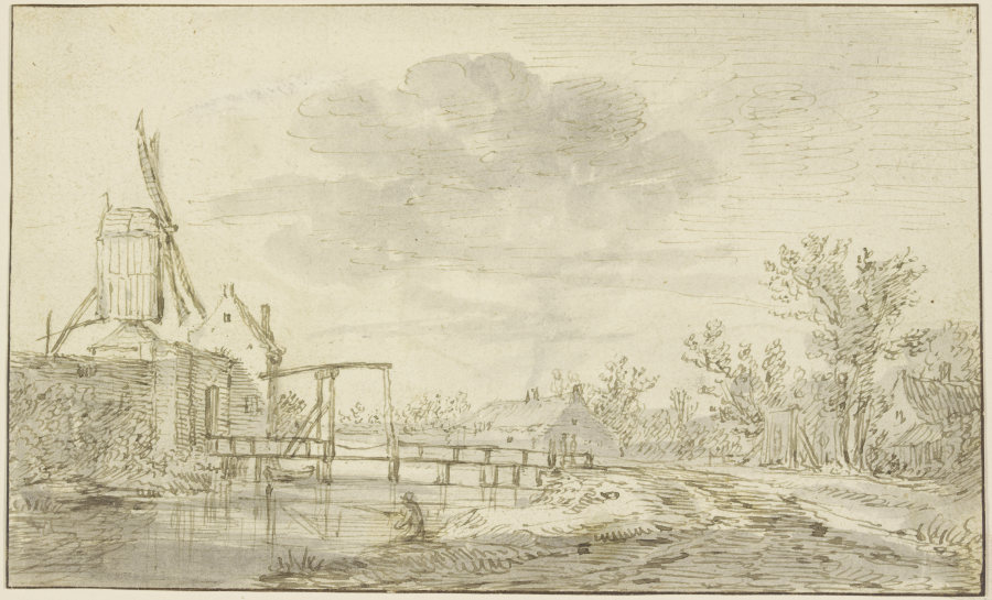 Windmühle auf einer Mauer links, zu der eine Zugbrücke über einen Bach führt de Jan van Goyen