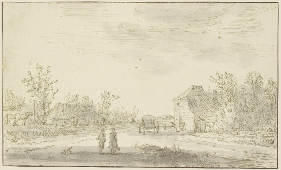 Zwei Figuren und ein Hund vorn auf einem Weg, rechts zurück hält ein Karren vor einem Gehöft, dahint de Jan van Goyen