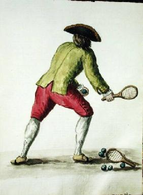 A Man Playing with a Racquet and Balls (pen & ink and w/c on paper)