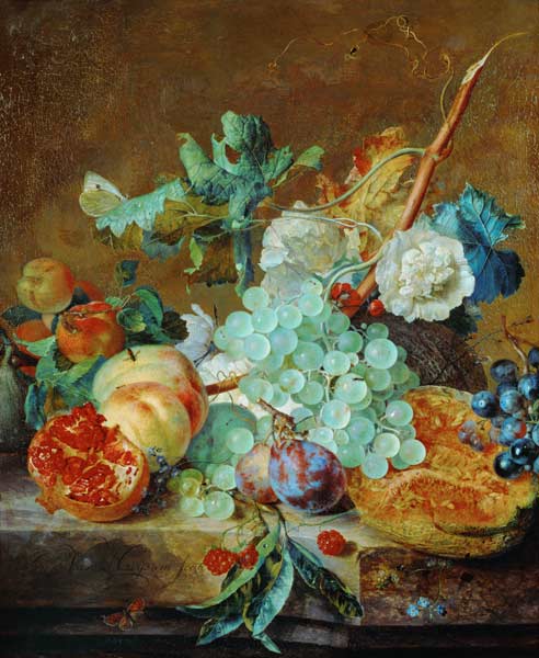 Flores y Frutas - Jan van Huysum en reproducción impresa o copia al óleo  sobre lienzo.
