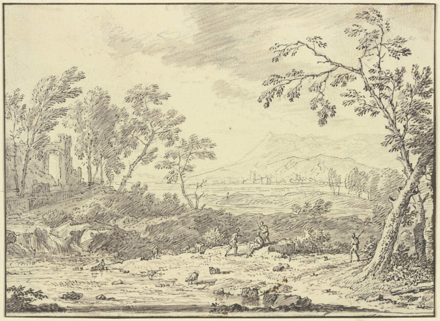 Landschaft mit Ruinen, vorne ein Hirte bei Schafen de Jan van Huysum