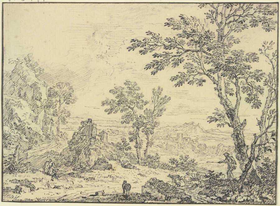 Landschaft mit Ruinen, vorne rechts ein Schafhirte de Jan van Huysum