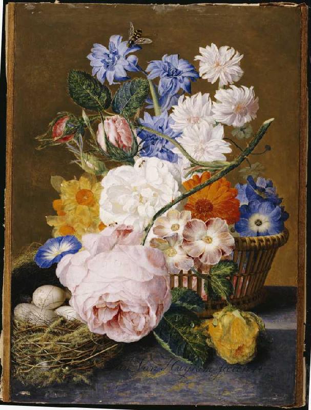 Rosen, Winden, Osterglocken, Astern und andere Blumen neben einem Vogelnest de Jan van Huysum