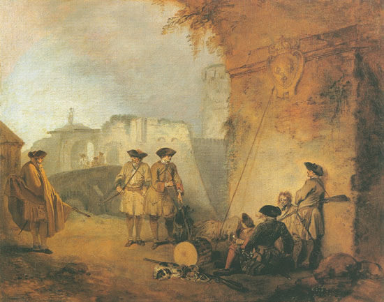 the door of Valenciennes - Jean-Antoine Watteau en reproducción impresa o  copia al óleo sobre lienzo.