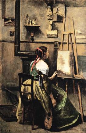 The Studio of Corot, or Young woman seated before an Easel, 1868-70 (oil on canvas)