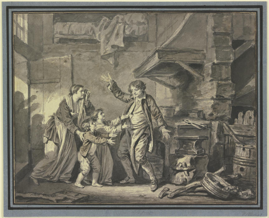 In einer Schmiede fleht ein Weib mit zwei Kindern einen Mann an de Jean Baptiste Greuze