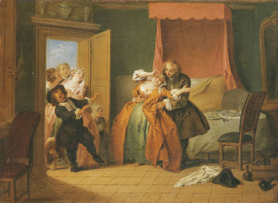 Madame Bouvillon opens the door for Ragotin who causes a swelling on her brow de Jean-Baptiste Joseph Pater