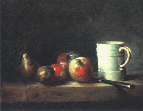 Still life with a cup, pear, four apples and a kni de Jean-Baptiste Siméon Chardin