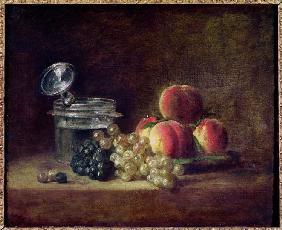 Still Life with a Basket of Peaches, White and Black Grapes, Cooler and Wineglass