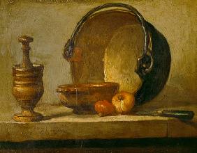 Still life with pestle, bowl, two onions, pan and