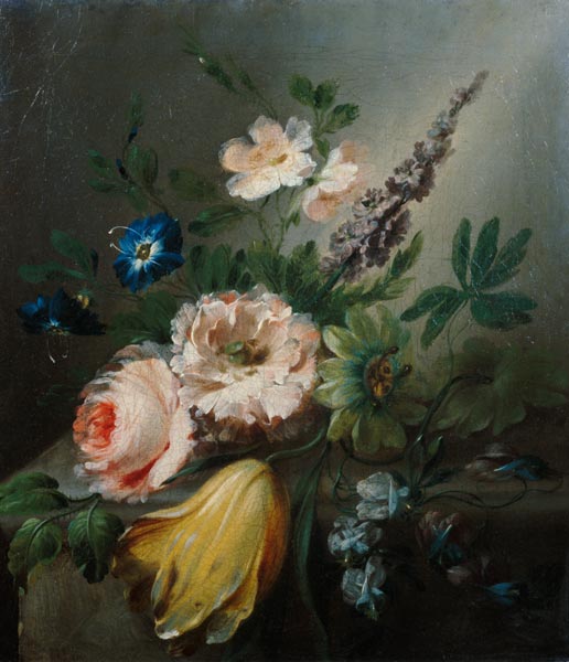 Still life of roses, passion flowers, a tulip and other flowers on a stone ledge de Jean Louis Prevost