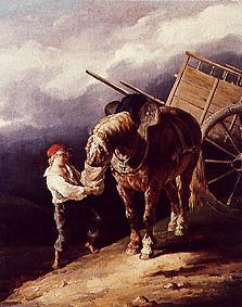 Stable boy giving a horse oats. de Jean Louis Théodore Géricault