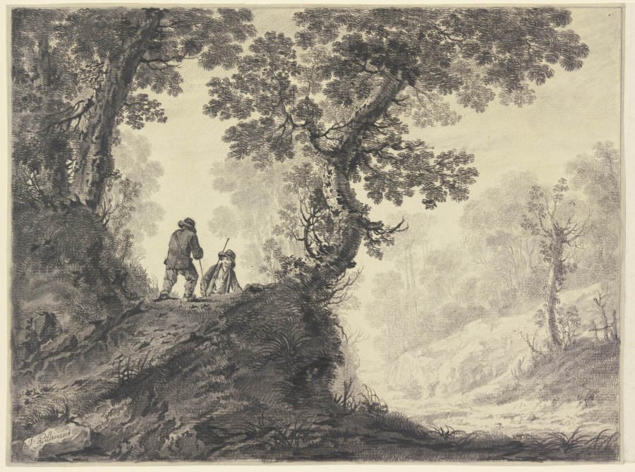 Waldlandschaft, links auf einer Anhöhe zwei Wanderer de Jean Pillement