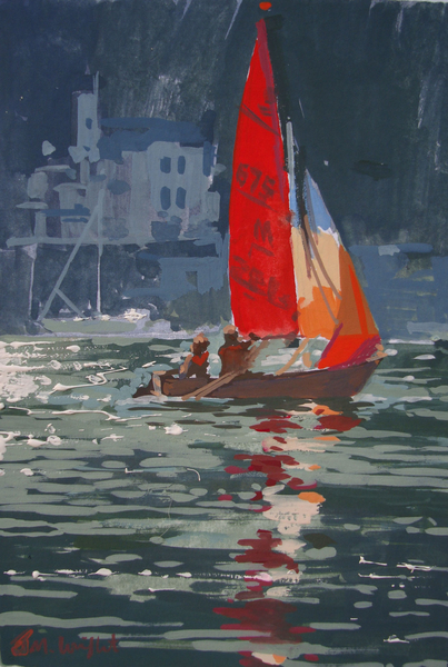 Red sail boat Salcombe de Jennifer Wright
