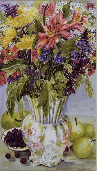 Blackberries and Apples with a Jug of Mixed Flowers (w/c)  de Joan  Thewsey