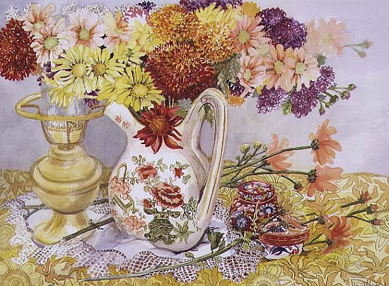 Chrysanthemums in a Chinese Jug (w/c)  de Joan  Thewsey