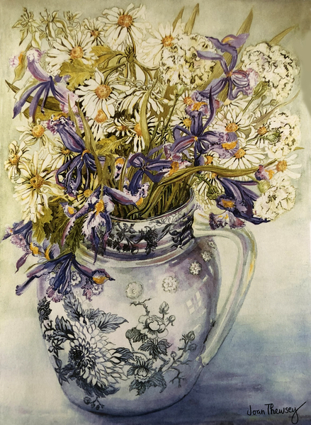 Iris, Chrysanthemums and Carnations in a Copeland Jug de Joan  Thewsey