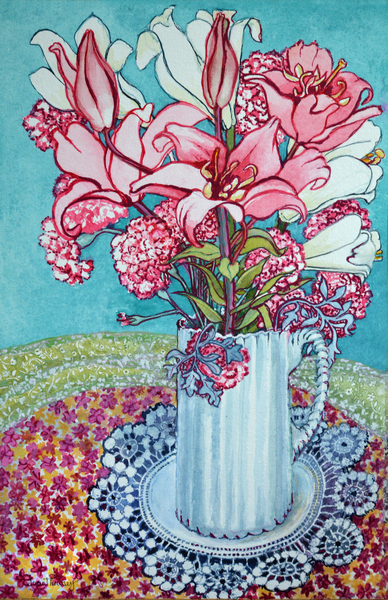 Pink Lilies in a Jug, with Lace de Joan  Thewsey