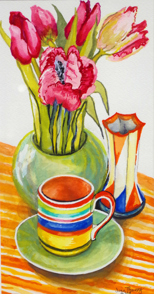 Striped Cup with Saucer, Vase and Tulips de Joan  Thewsey