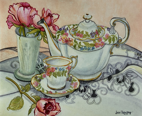 Teatime with Roses and a cutwork cloth de Joan  Thewsey