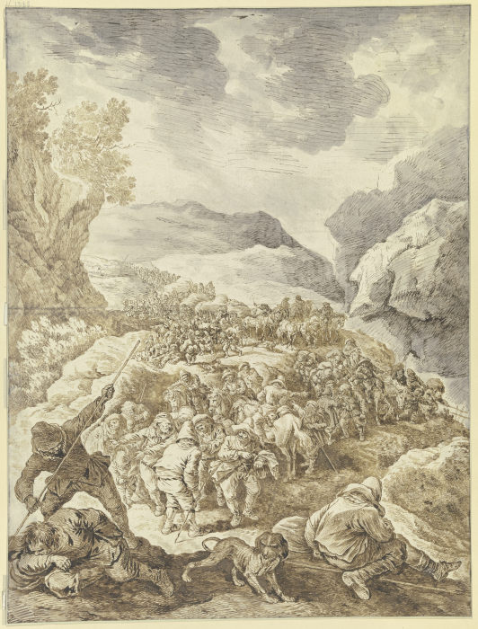 Ein großer Zug von Männern zu Fuß und zu Pferde durch eine Felsschlucht de Johann Albrecht Dietzsch