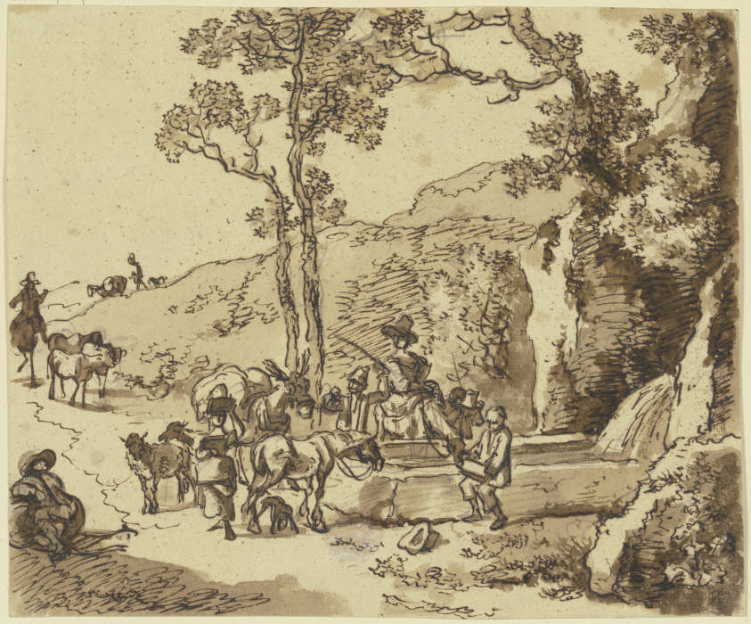 Hirtenszene an einem Brunnen, Schafe und Maulesel nähern sich der Tränke, an der eine Reiterin ihr P de Johann Christian Klengel