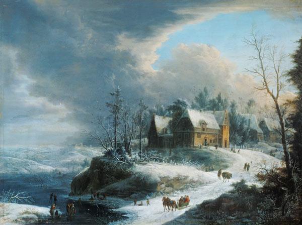 Winter landscape with a small village over a river