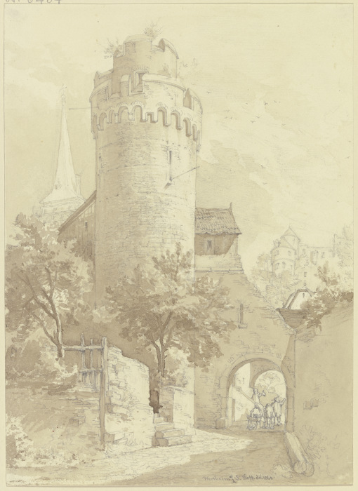 Roter Turm mit Faultor in Wertheim, links der Turm der Stiftskirche St. Marien, rechts im Hintergrun de Johann Friedrich Hoff