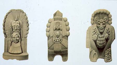 Three terracotta figures from Palenque and Ococingo, plate 47 from 'Ancient Monuments of Mexico', en de Johann Friedrich Maximilian von Waldeck