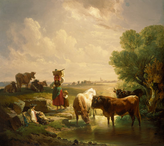 Shepherd family with cows at the watering-place de Johann Friedrich Voltz