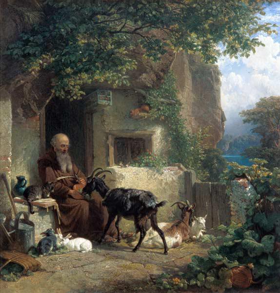An Eremit in front of his hermitage, a goat feedin