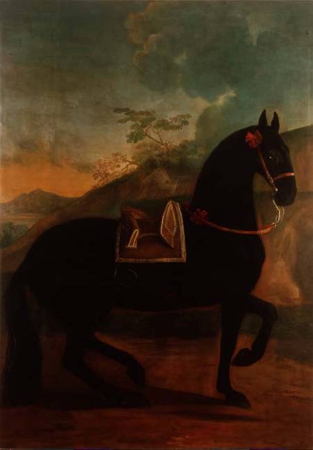 A Black Horse sporting a Spanish Saddle de Johann Georg Hamilton